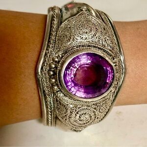 Vintage Sterling Silver Intricate Bracelet with Purple Gemstone